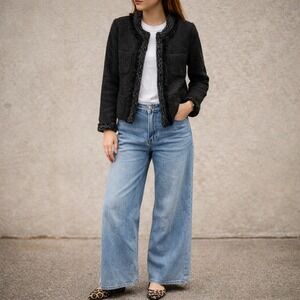 British Khaki Black Boucle Jacket Faux Fur Trim Y2K 2000s Cropped Blazer Size 6